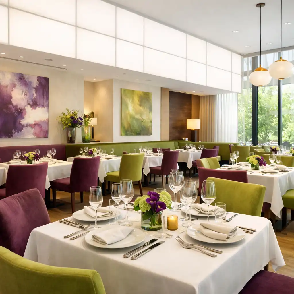 Intérieur lumineux du restaurant Atelier Prunelle avec tables dressées et panneaux lumineux