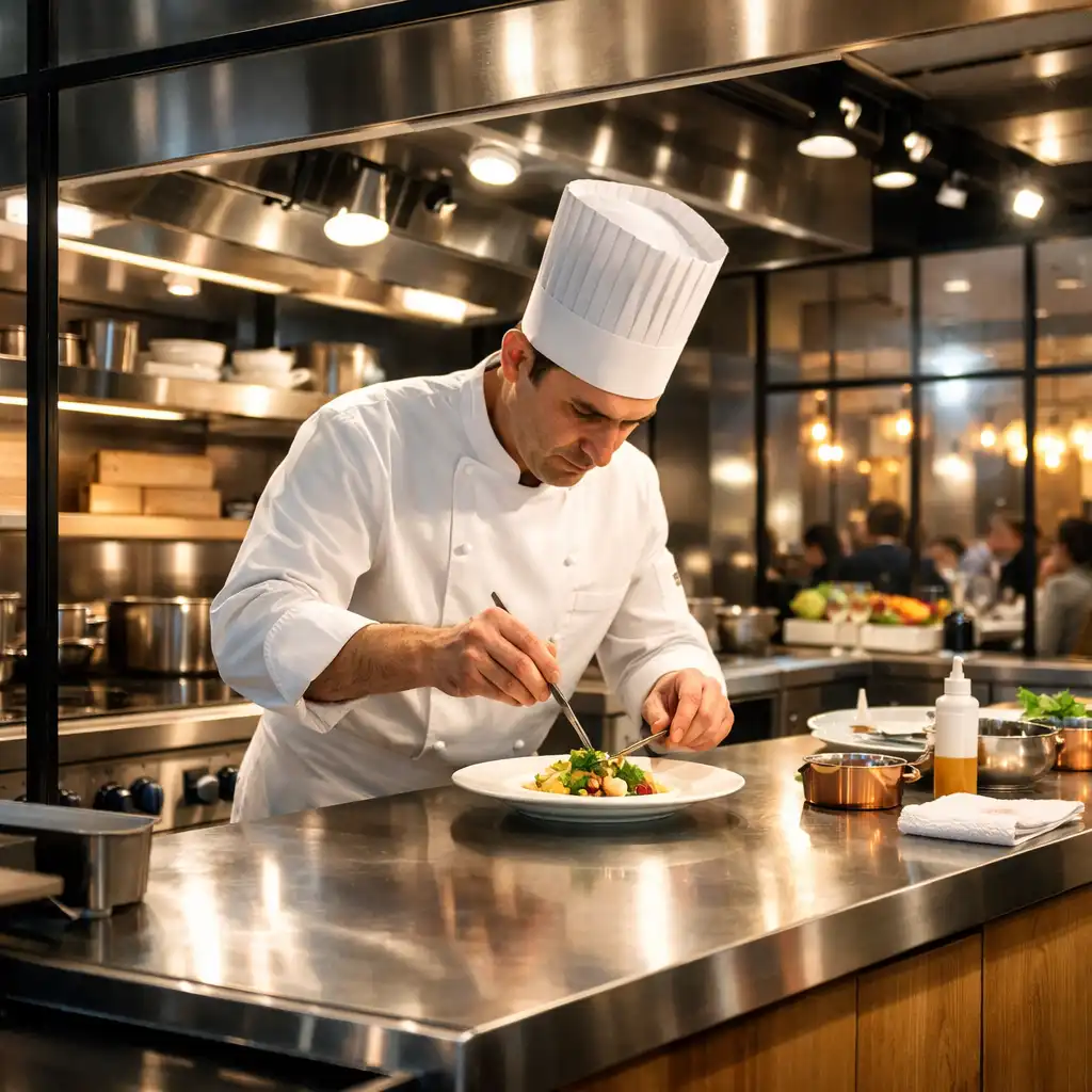 Chef en tenue blanche travaillant dans une cuisine ouverte derrière une verrière