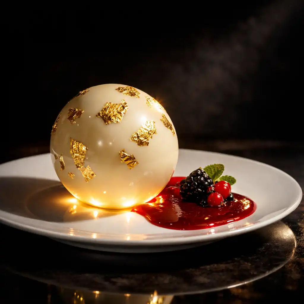 Le Lightbox : sphère de chocolat blanc décorée de feuilles d'or avec coulis de fruits rouges