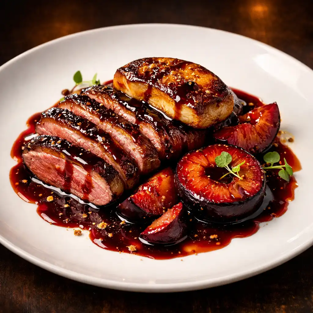 Le Prunelle : magret de canard rôti, prunes rôties et foie gras poêlé