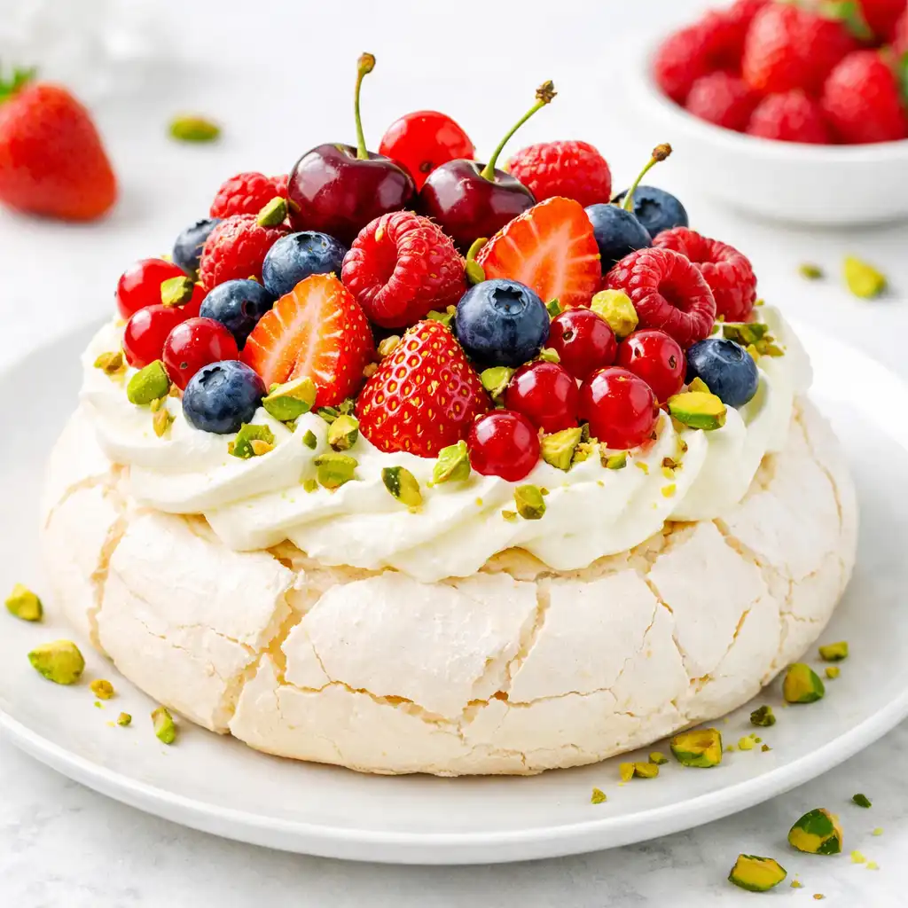 Pavlova aux fruits rouges frais et éclats de pistache