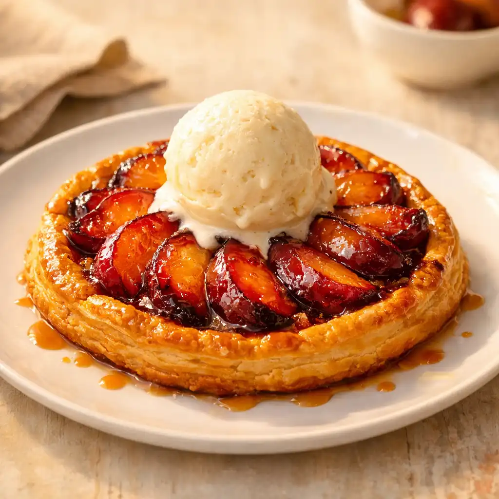 Tarte fine aux prunes caramélisées avec glace à la vanille