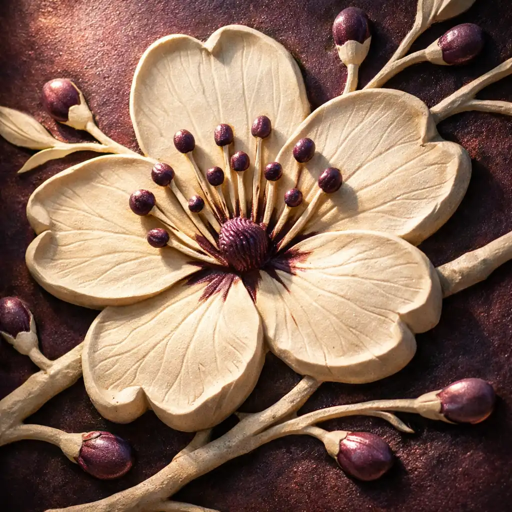 Détail artistique d’un panneau mural en relief représentant une fleur de prunelle