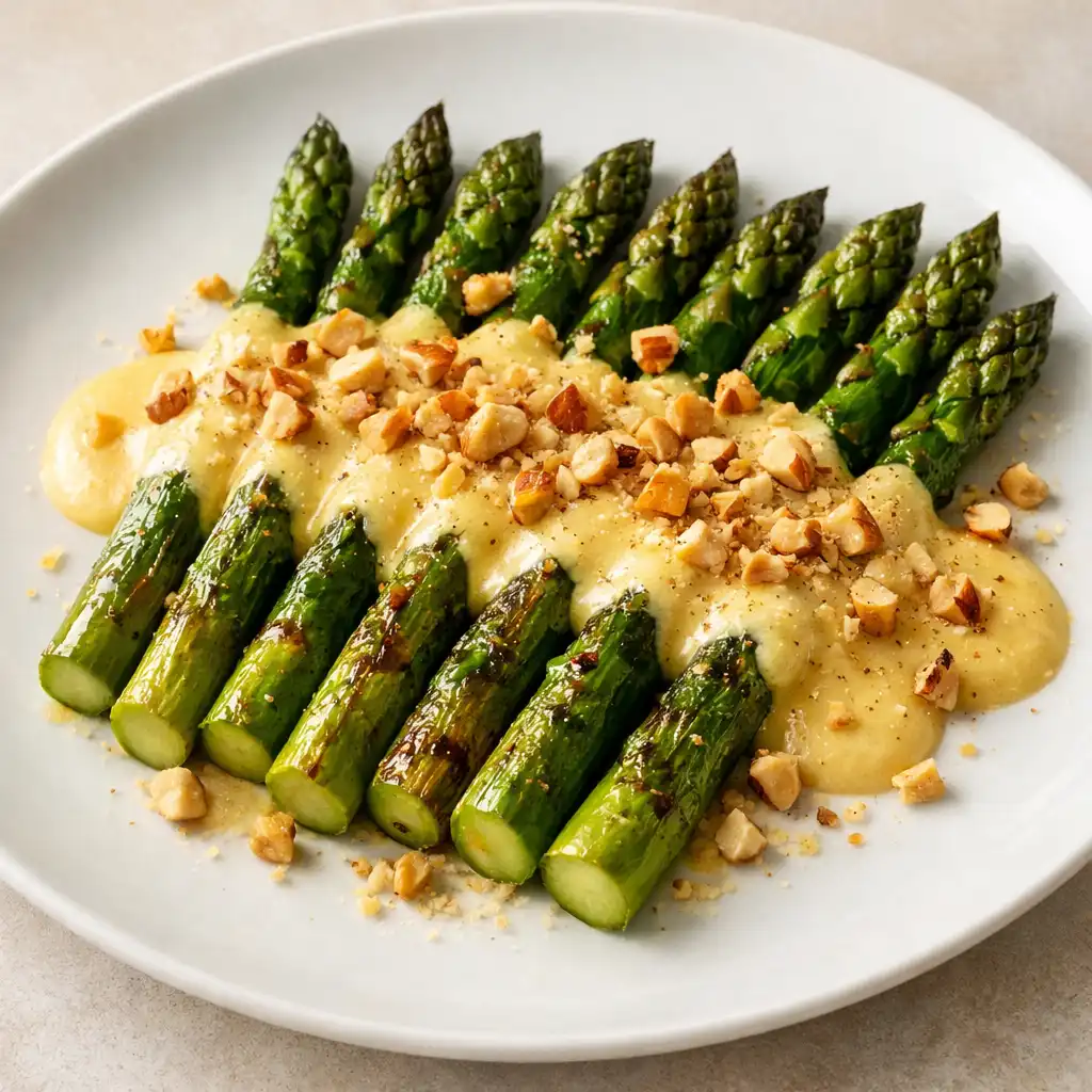 Asperges vertes rôties avec sabayon au parmesan et éclats de noisettes