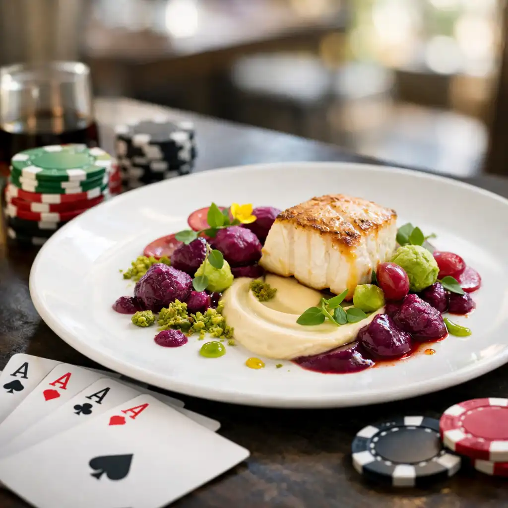 Plat gastronomique raffiné accompagné de cartes à jouer et de jetons de poker