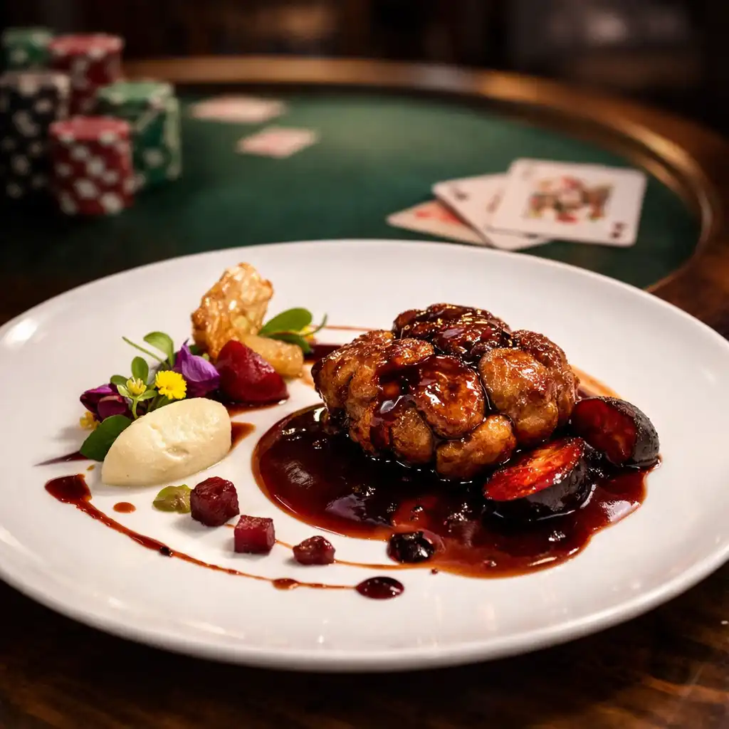 Plat gastronomique signature, ris de veau au jus de prune, présenté artistiquement à côté d'une table de poker floutée