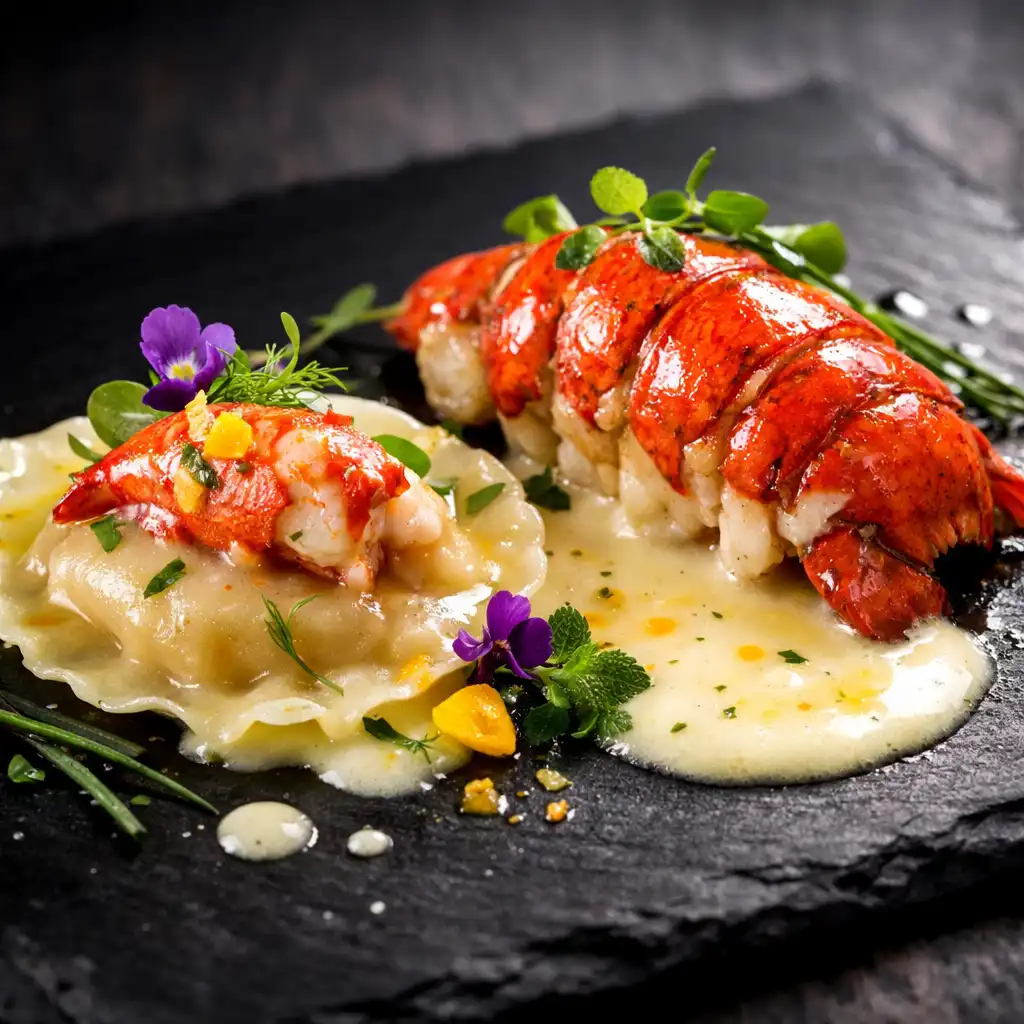 Homard en deux services avec beurre blanc au bleu électrique, présenté sur une assiette en ardoise