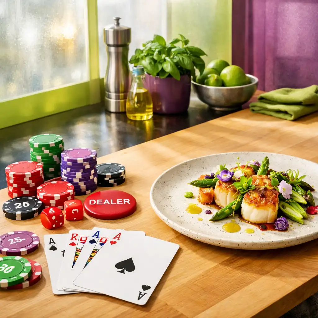 Coin de l'atelier mêlant éléments culinaires et poker, avec table en bois, cartes et jetons