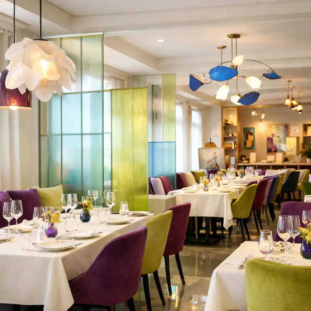 Intérieur lumineux et artistique du restaurant Atelier Prunelle, avec panneaux translucides et tables élégantes