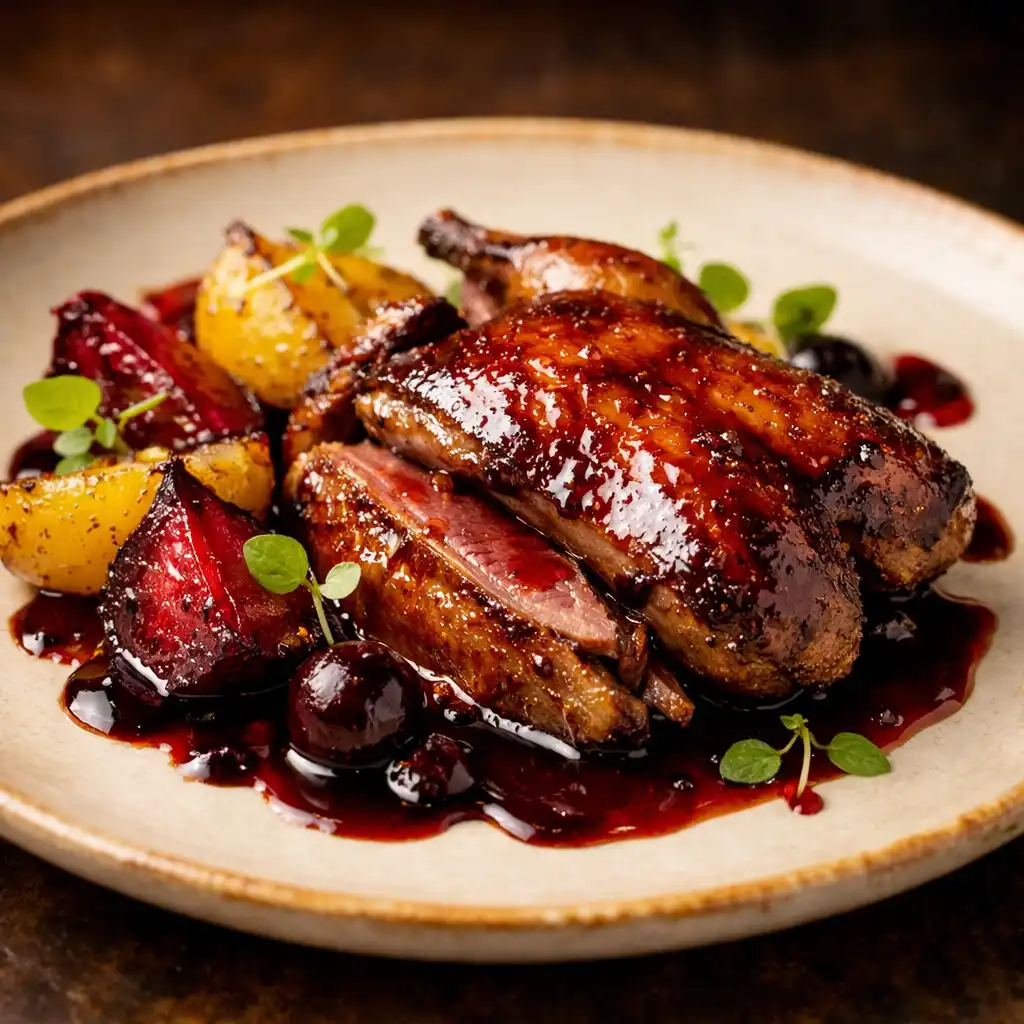 Pigeon laqué, accompagné de betteraves rôties et d'une réduction de cerise noire