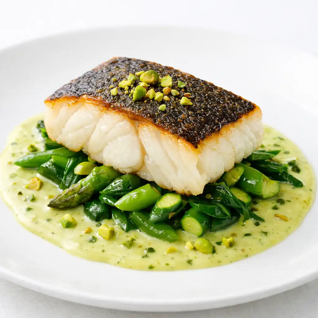 Dos de cabillaud cuit à basse température avec beurre blanc à la pistache et légumes verts