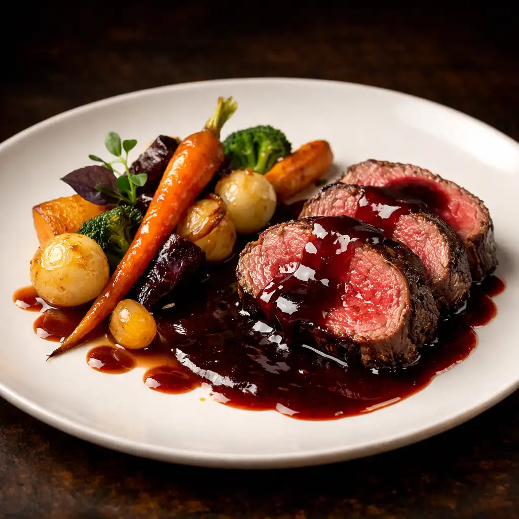 Filet de bœuf rôti nappé de jus de prune avec légumes racines glacés