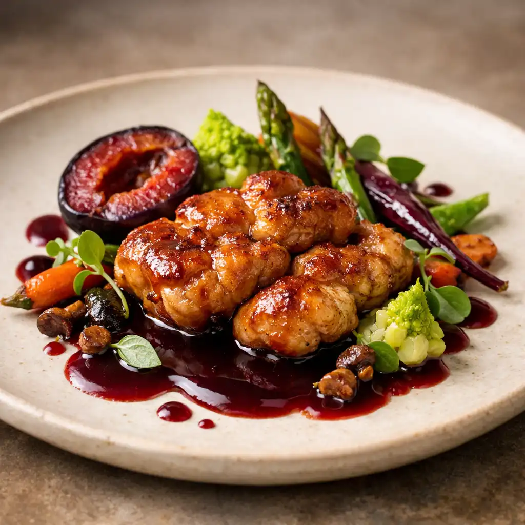 Plat signature de ris de veau poêlé avec jus de prune et légumes de saison