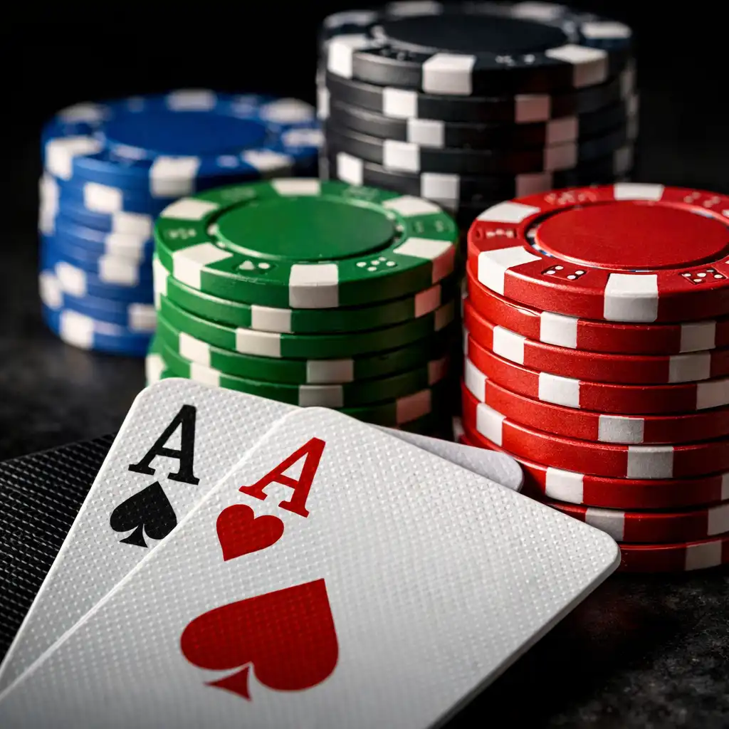 Gros plan sur des cartes à jouer en plastique et des jetons de poker en céramique empilés sur fond sombre