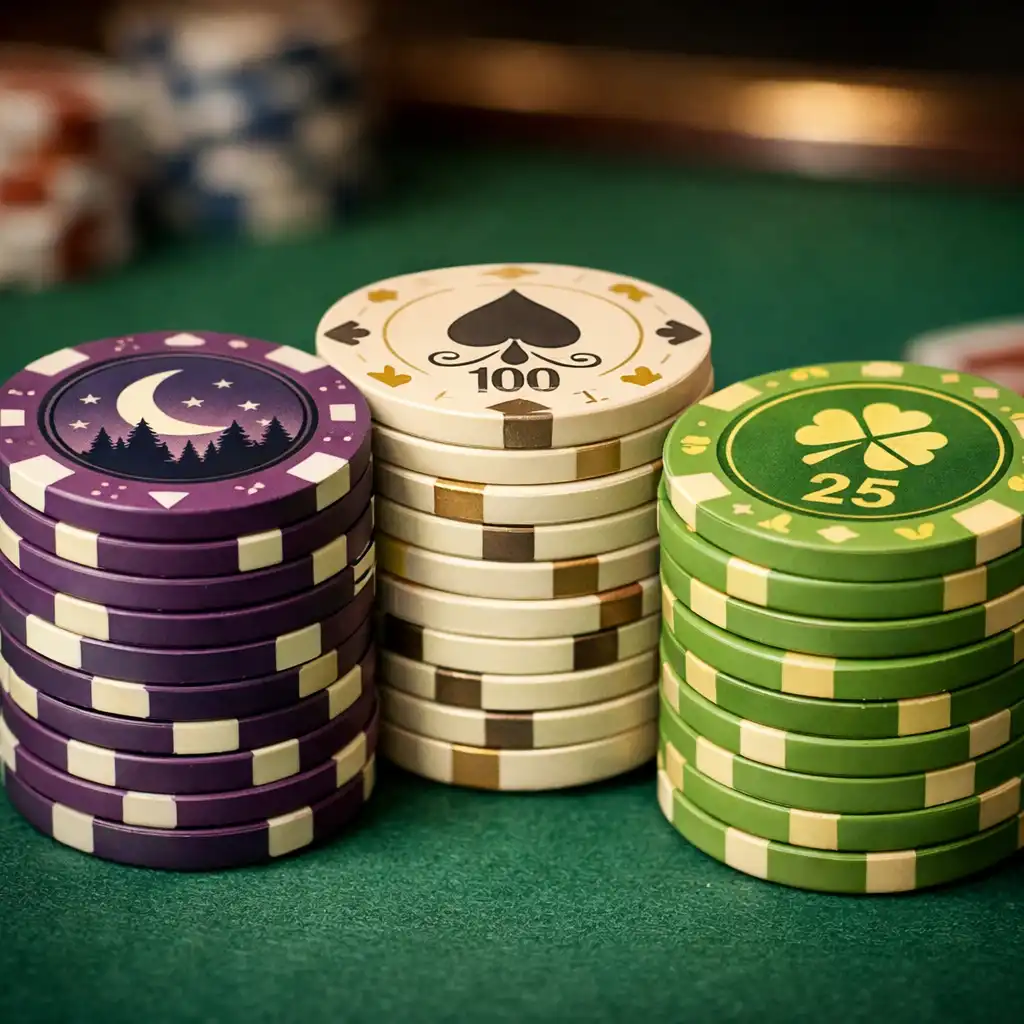 Gros plan sur des jetons de poker en céramique empilés, couleurs prune, ivoire et pistache