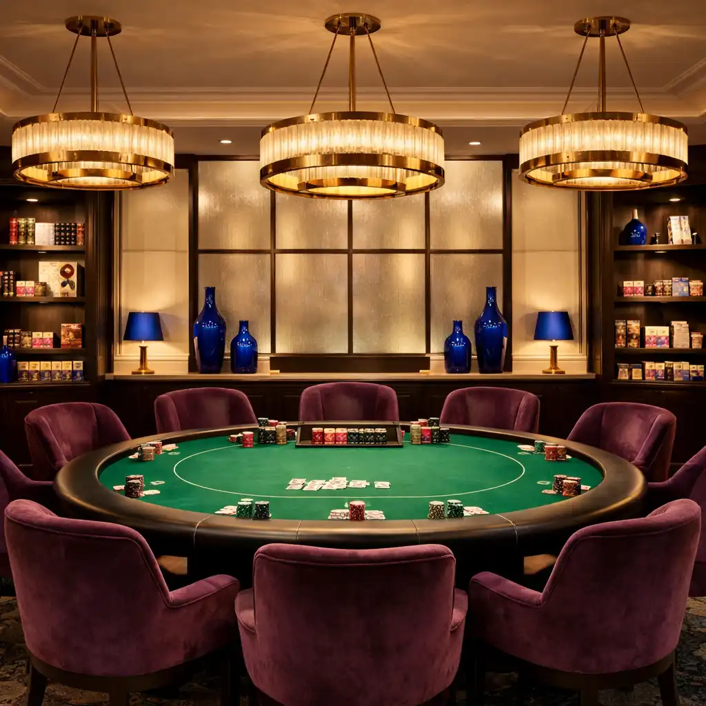 Poker Room feutrée avec tables de poker professionnelles, cartes et jetons