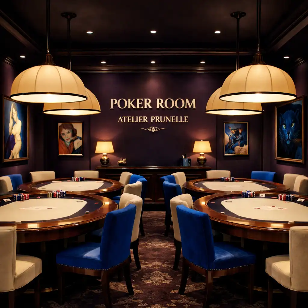 Intérieur feutré de la Poker Room d'Atelier Prunelle avec tables de poker en bois et lampes suspendues