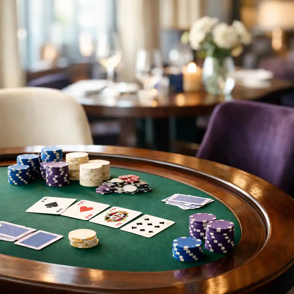 Table de poker élégante dans le restaurant Atelier Prunelle, avec cartes et jetons, lumière douce et ambiance feutrée
