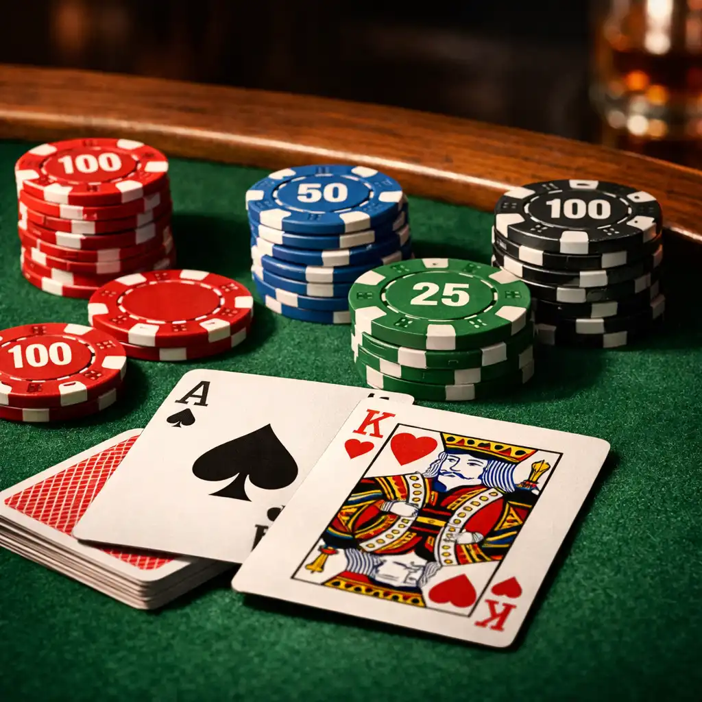 Gros plan sur une table de poker en bois massif avec feutre vert, cartes et jetons en céramique
