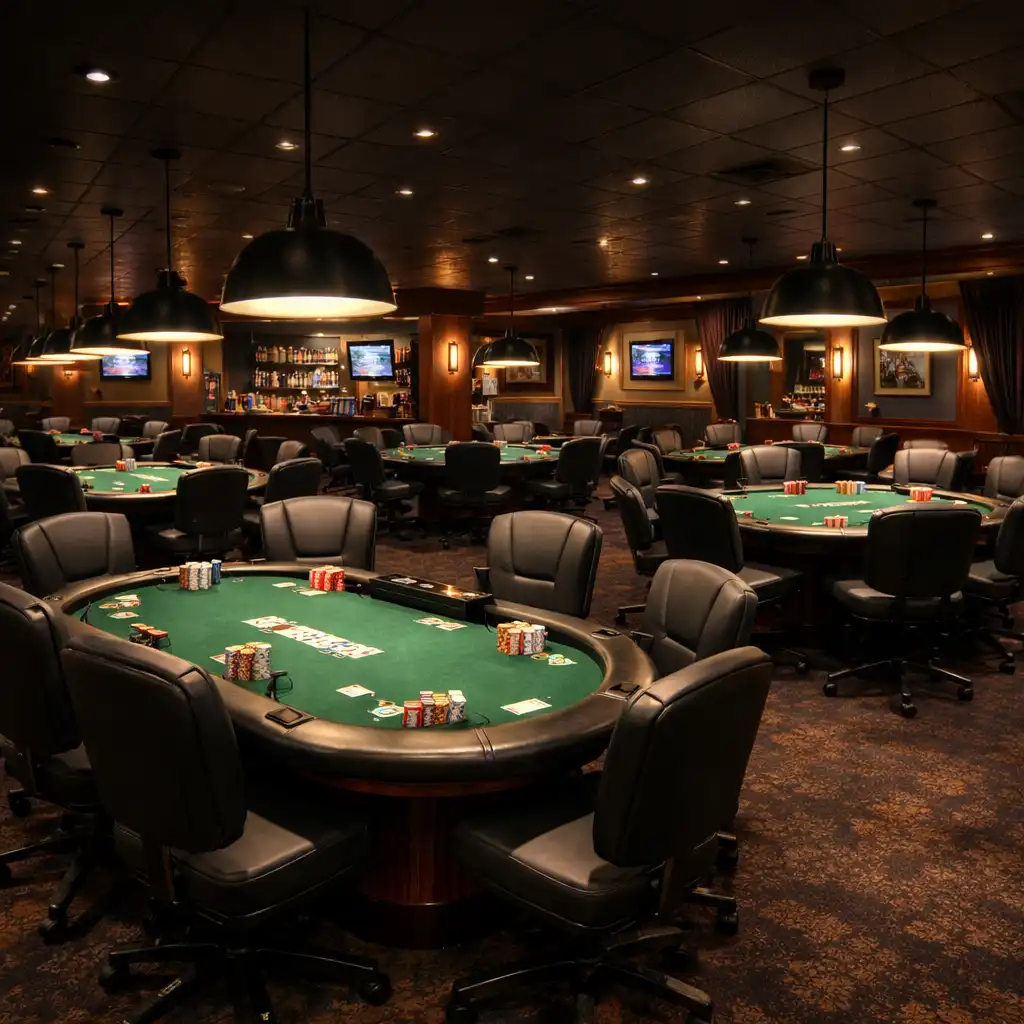 Vue d'ensemble de la Poker Room avec plusieurs tables de poker, chaises ergonomiques et éclairage individuel