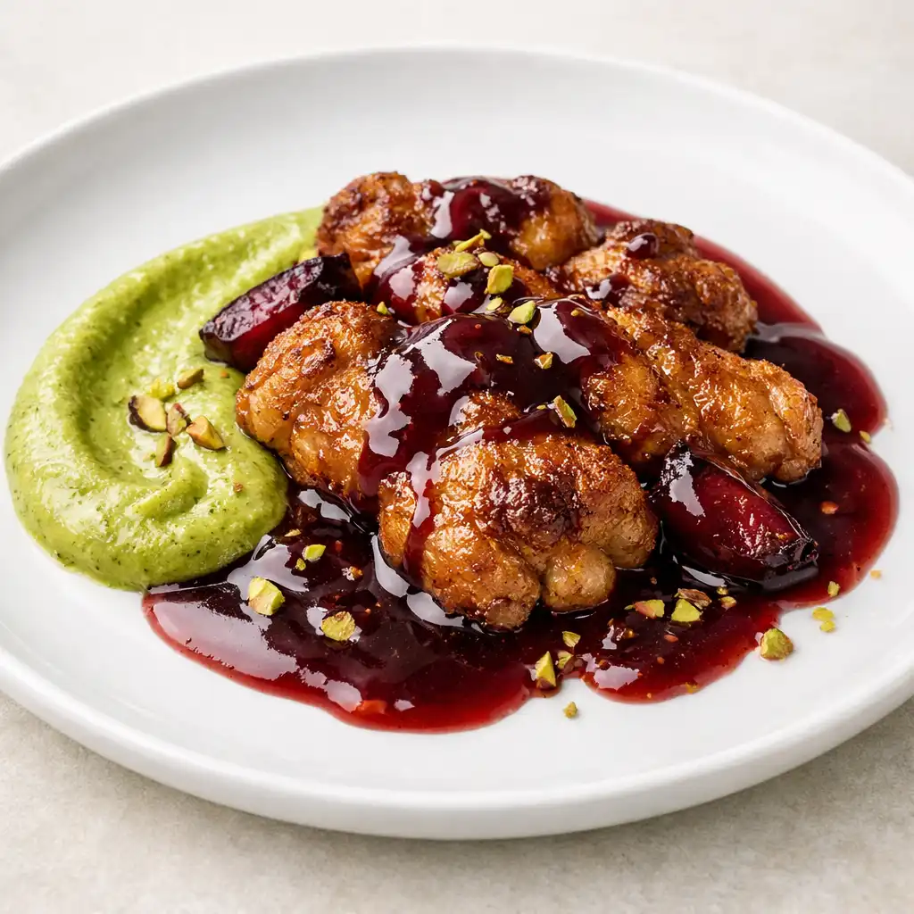Ris de veau poêlé, nappé d'un jus de prune brillant et accompagné d'une émulsion de pistache verte