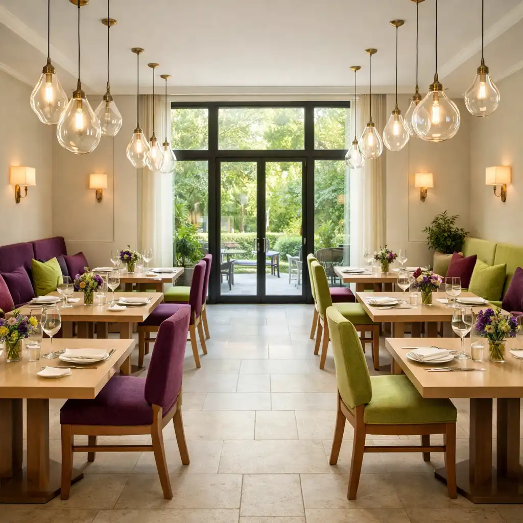 Salle principale lumineuse avec grandes baies vitrées, tables en bois clair et suspensions en verre soufflé