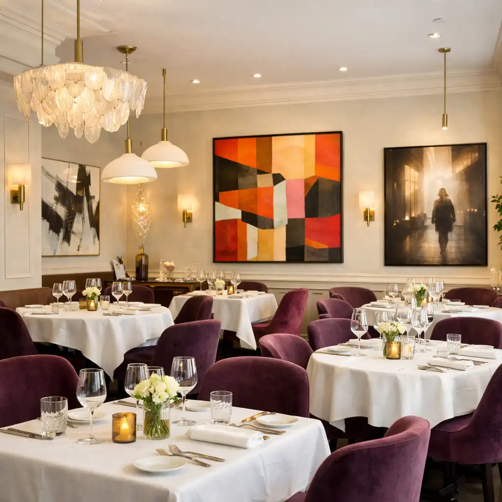 Salle principale du restaurant Atelier Prunelle avec murs ivoire, œuvres d'art et tables dressées