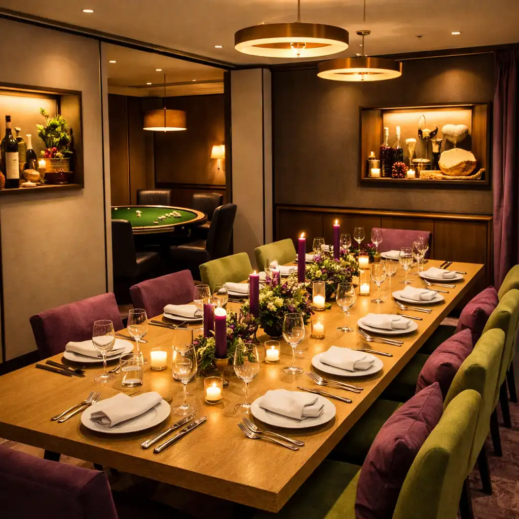 Salon privé avec table de dîner et table de poker en arrière-plan