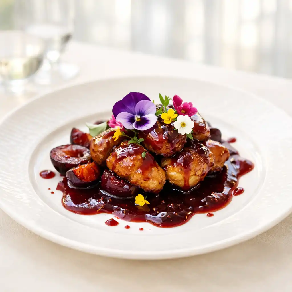 Plat signature gastronomique avec ris de veau et sauce prune, posé sur une table lumineuse du restaurant