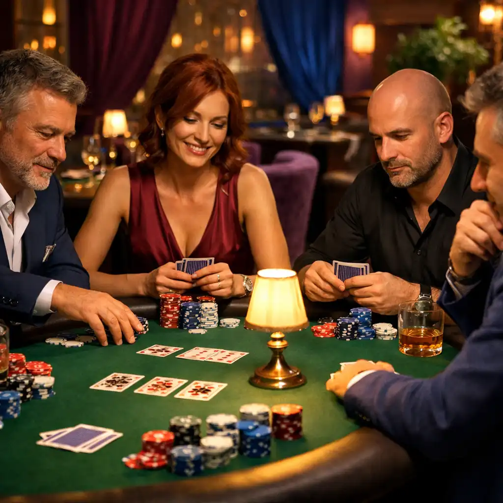 Soirée poker Texas Hold’em avec joueurs autour d’une table de poker