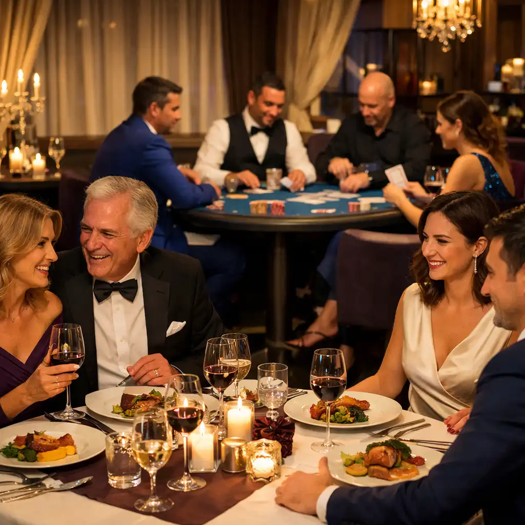 Scène de soirée poker avec dîner élégant et table de poker en arrière-plan