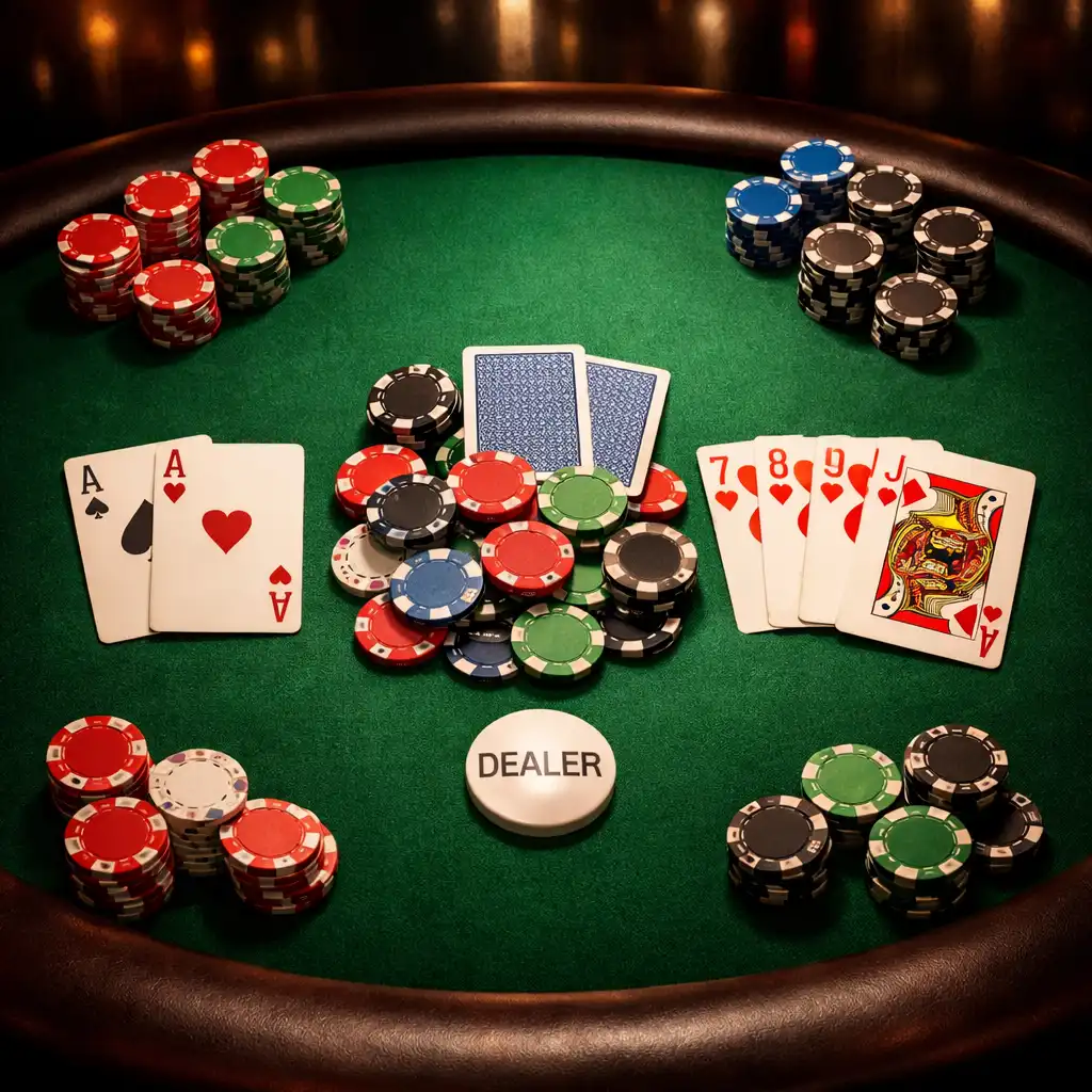 Table de poker professionnelle vue de dessus avec cartes et jetons