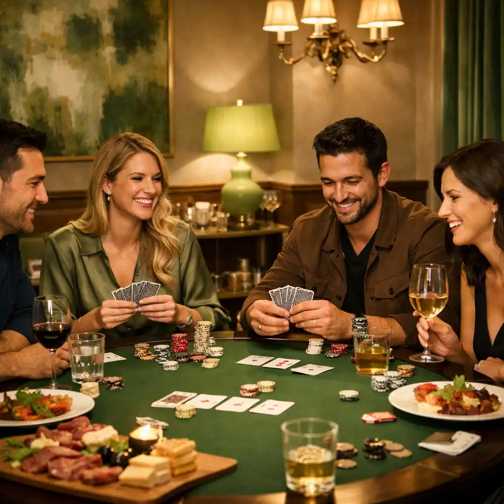 Table privée dans un salon avec un groupe d'amis jouant au poker et dégustant des plats