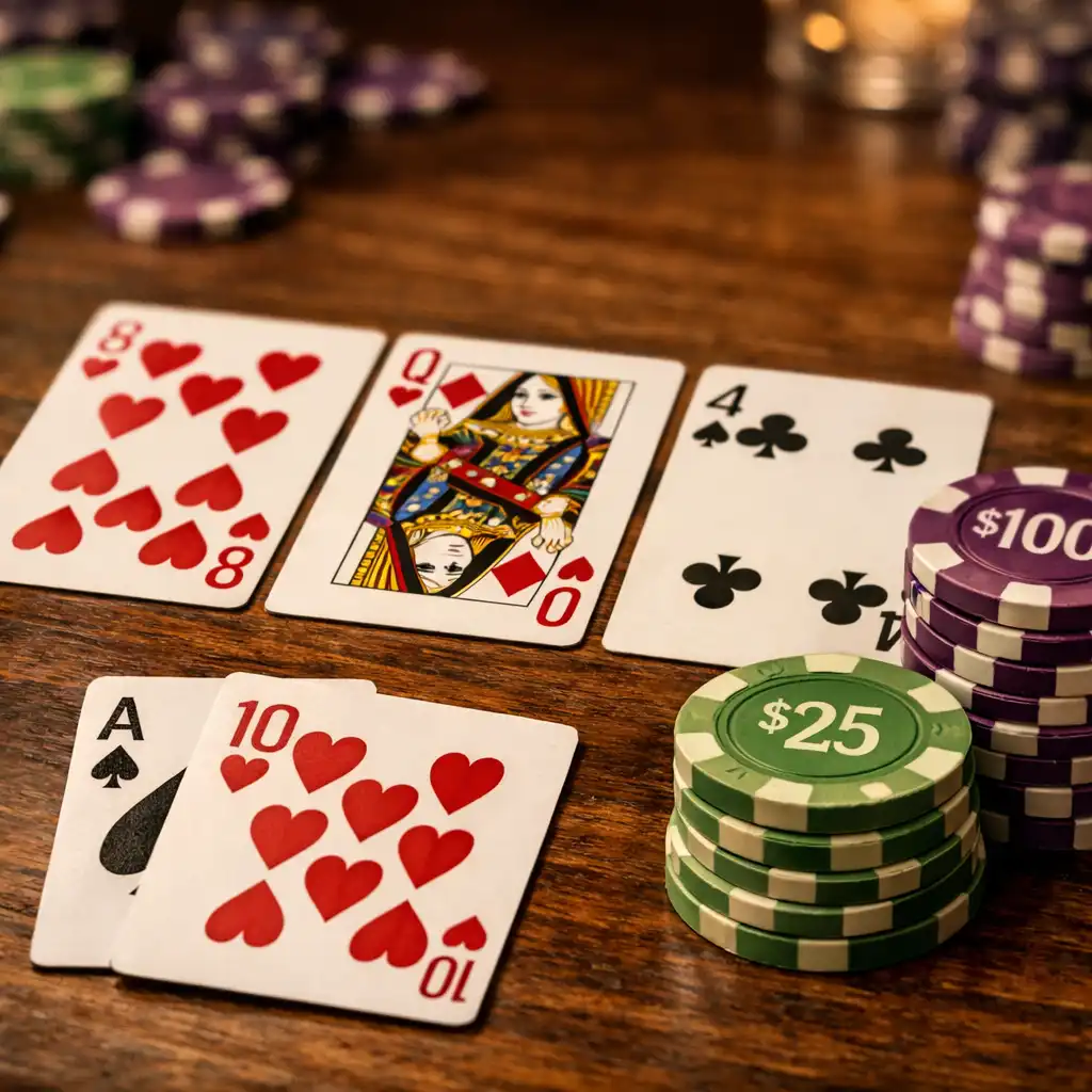 Gros plan sur des cartes de Texas Hold'em et des jetons en céramique sur une table en bois