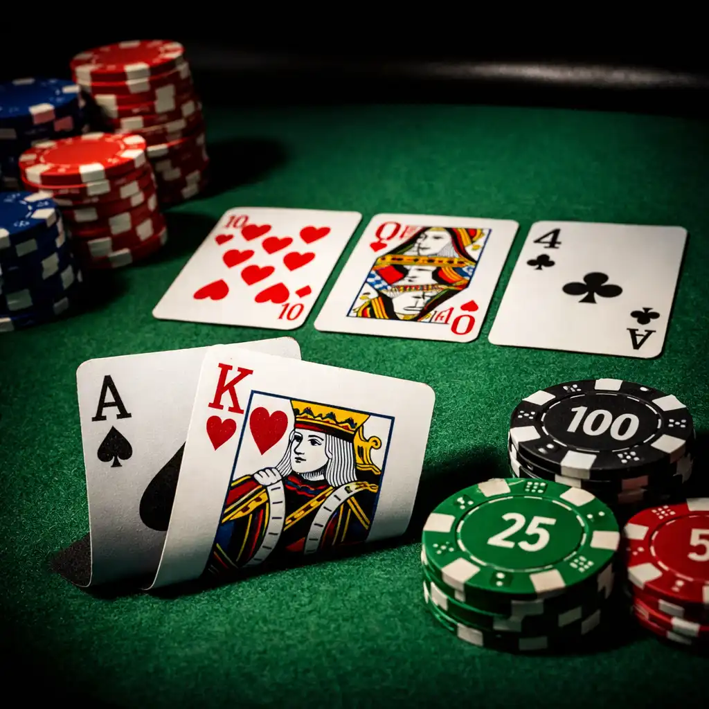 Gros plan sur une main de Texas Hold'em avec cartes et jetons